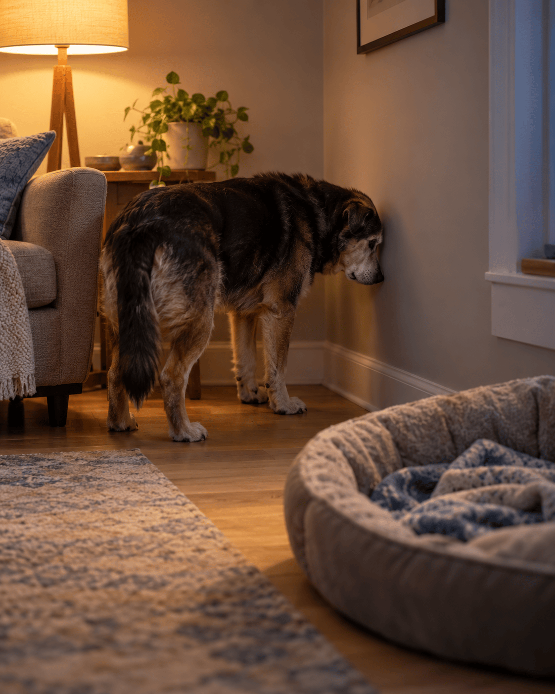 Ein älterer Hund steht abends im Wohnzimmer mit dem Kopf vor der Wand, sein Körbchen liegt leer daneben