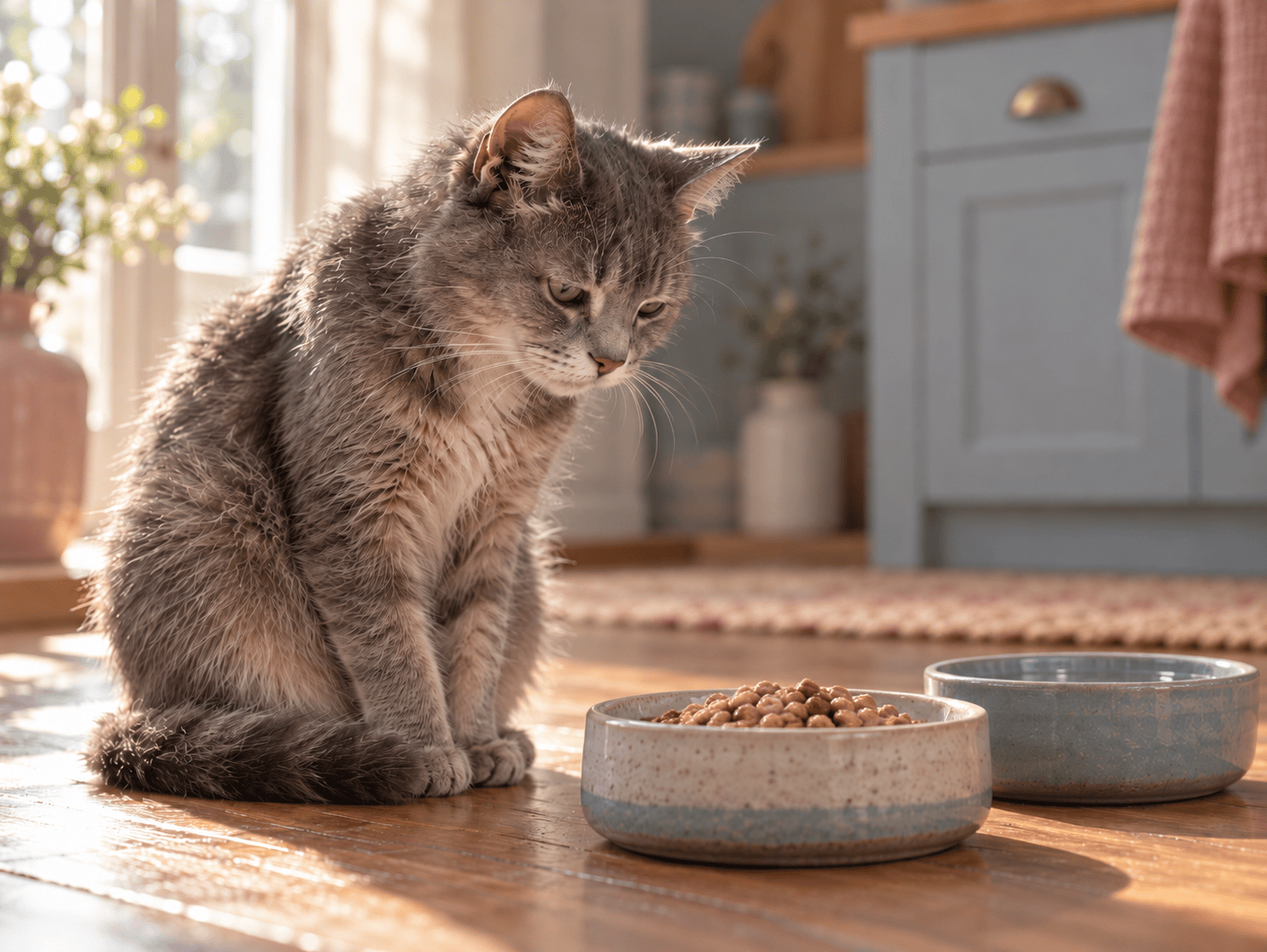 Nierenkranke ältere Katze sitzt appetitlos neben ihren Futternäpfen