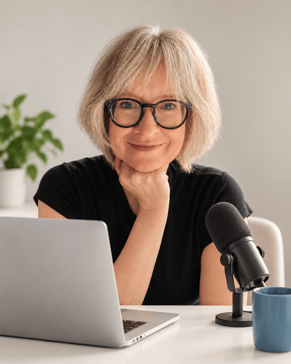 Sonja Tschöpe am Schreibtisch mit Laptop und Mikrofon – 1:1-Coaching für Tierberufe